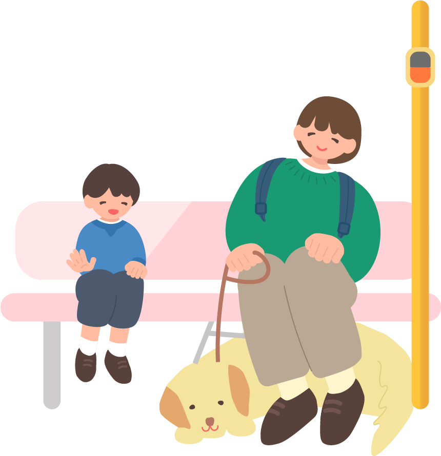 盲導犬とバスに乗る女性と子供のイラスト